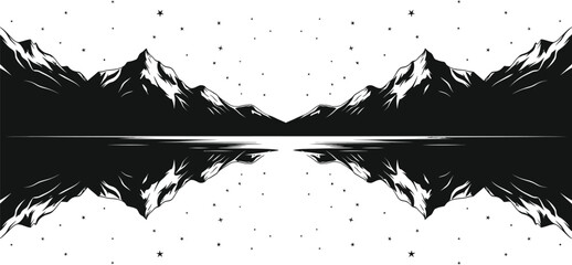 Majestic mountain peaks reflect in serene waters under a starlit sky, a monochrome landscape evoking tranquility and adventure, perfect for nature lovers and graphic design projects.