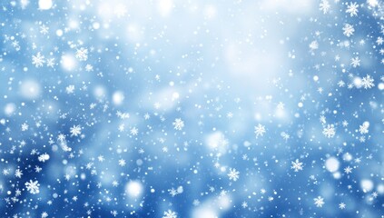 Winter snowfall, soft blue tones.  Many small, delicate snowflakes and light-filled bokeh blur.  A soft-focus effect