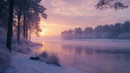 Winter sunrise over frosted river