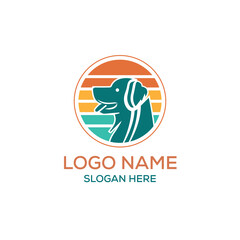 Happy Dog Branding Icon Inside a Vintage Sunset Circle for Pet or Animal Businesses Logo Design