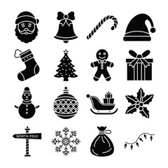 Christmas Vector Silhouette Icon Set. Black and White Icons for Festive Season, Holiday, Winter, and Christmas Celebration