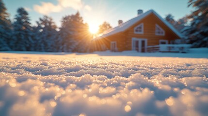Winter sunset, snow-covered ground, cozy cabin