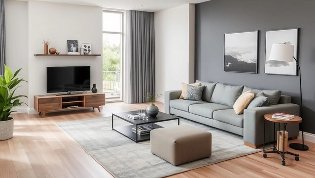 Modern eingerichtetes Wohnzimmer mit grauem Sofa, gro&szlig;en Fenstern und minimalistischer Dekoration in sanften Graut&ouml;nen.