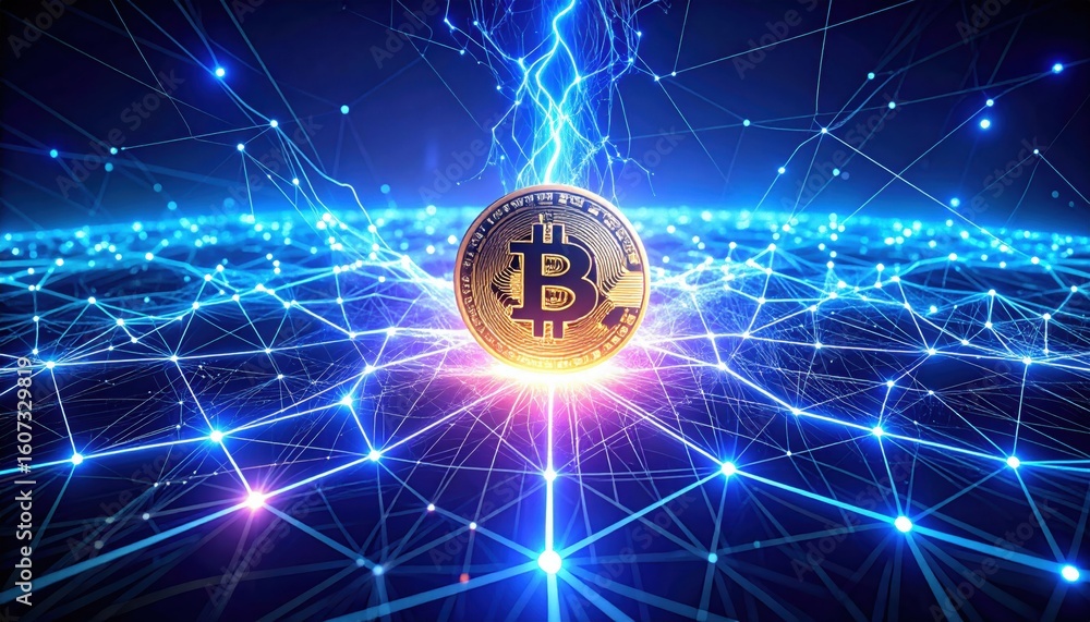 Poster a glowing bitcoin coin surrounded by a digital network with bright blue connections and lightning, s