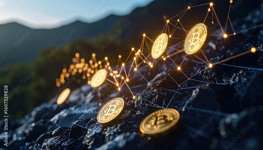 Poster digital gold bitcoins connected by glowing lines symbolize blockchain technology and cryptocurrency 