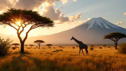 Giraffe in African Savanna with Distant Mountain – Wild Nature Landscape