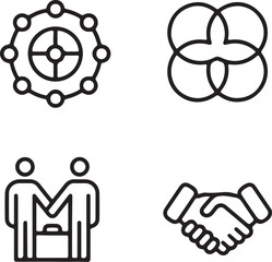 Set of business and cooperation icons in outline style including teamwork partnership collaboration and deal making Suitable for web mobile app and graphic design projects