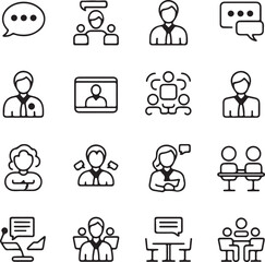 Set of vector icons representing business meetings communication and teamwork featuring speech bubbles people in discussion and online video conferences in a clean minimalist style