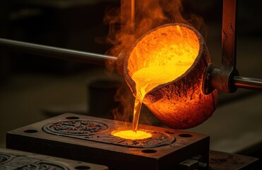 Metal ladle pours amber liquid into mold under glowing light in industrial setting during evening