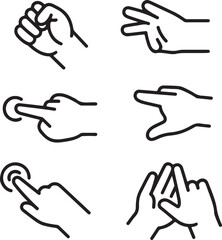 Set of Hand Gesture Icons in Outline Style Including Fist Peace Sign Pinch Pointing Touch and Two Hands Touching Isolated on a White Background