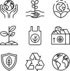 Collection of nine line art icons representing environmental protection sustainability recycling and eco friendly practices for a greener planet and future generations