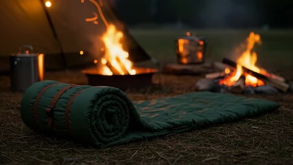 Camping essentials: Cozy green sleeping bag near a campfire, perfect for adventurous nights