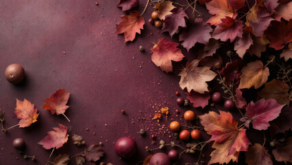 Autumn Harvest Arrangement: Colorful leaves and fruits on a textured background