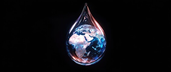 A translucent water droplet, shaped like a teardrop, 