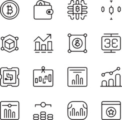 Set of Cryptocurrency and Finance Icons in Outline Style representing Bitcoin Wallet Blockchain Charts and other Financial Concepts ideal for Digital Asset and Investment Themes