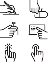 Set of six vector hand icons depicting various actions such as writing taking a pill spraying pointing at a screen and tapping or clicking all