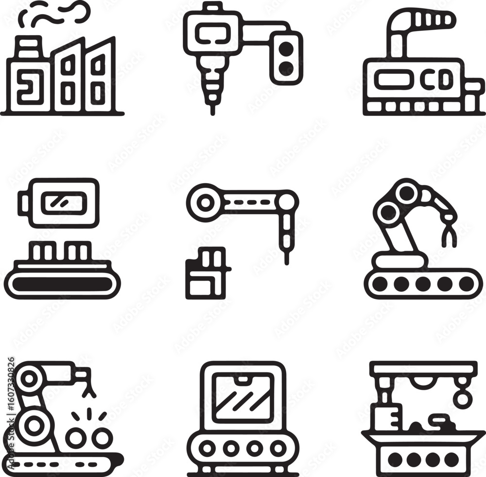 Aufkleber set of manufacturing and automation icons in black and white representing factory processes robotics