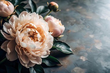 Creamy peony flower in full bloom with layered petals surrounded by dark green leaves and buds on rustic textured background closeup