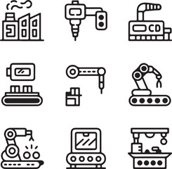 Set of Manufacturing and Automation Icons in Black and White Representing Factory Processes Robotics and Production Lines for Industrial Applications and Modern Technology Concepts
