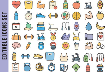 Editable Color Icon Set for Fitness, Gym, and Healthy Lifestyle