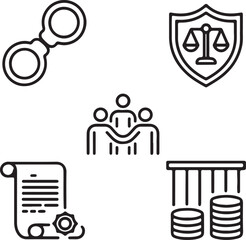 Legal and Justice System Outline Icons Depicting Handcuffs Scale of Justice Shield Contract Jail Bars with Money and Group of People in Black and White