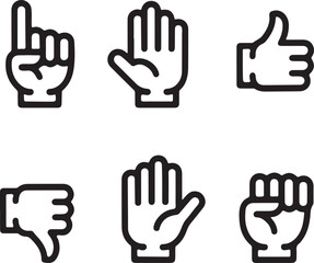 Set of Hand Gesture Icons in Outline Style Including Pointing Open Palm Thumbs Up Thumbs Down and Fist Isolated on White Background for Design Elements