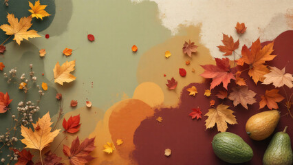 Colorful Autumn Palette: Leaves and fruits on a painted background