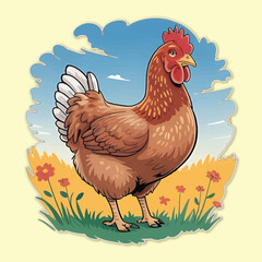 Brown hen standing in grassy field with red flowers and blue sky chicken bird