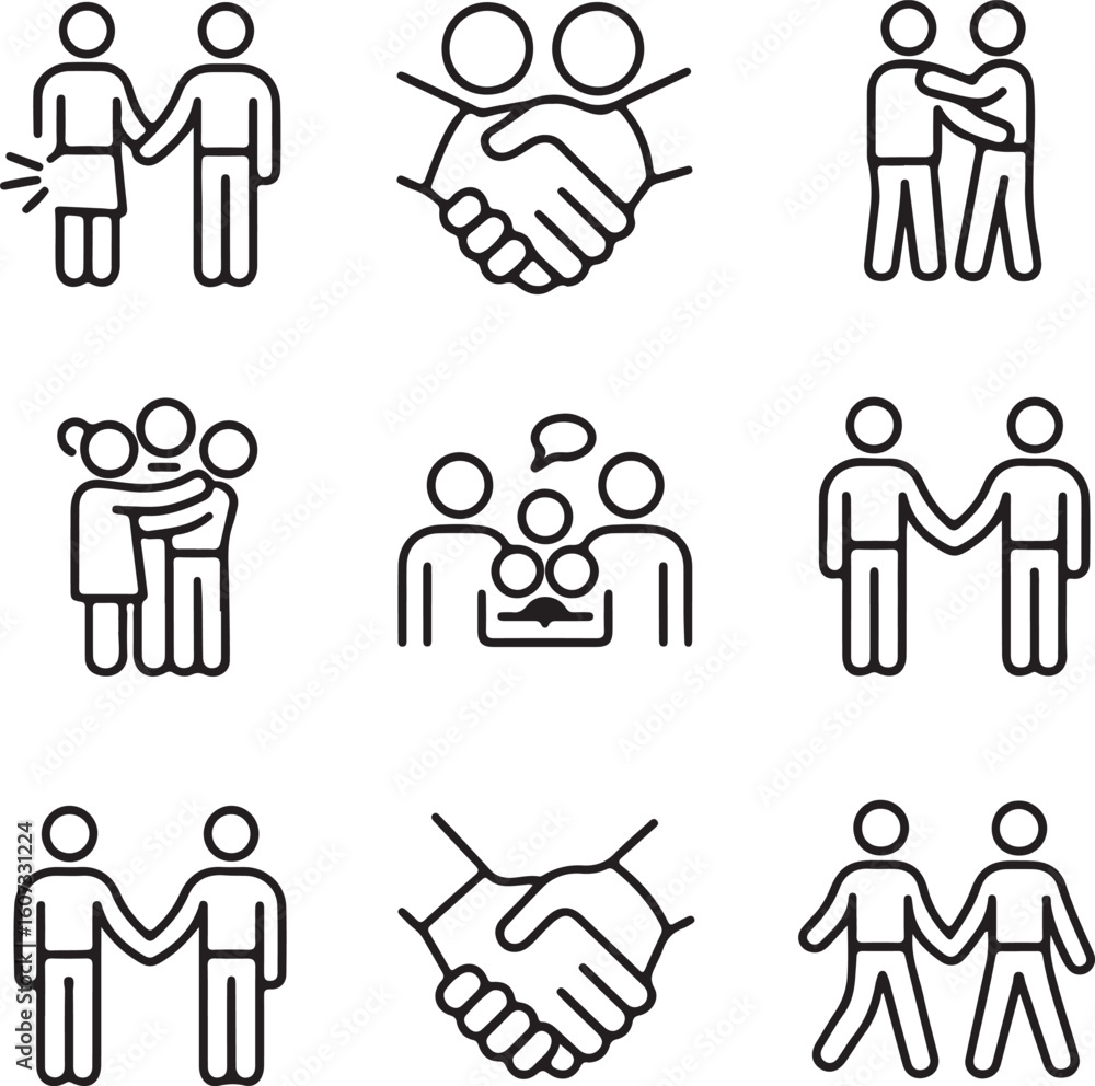 Poster set of black and white line art icons representing various forms of human interaction including hand