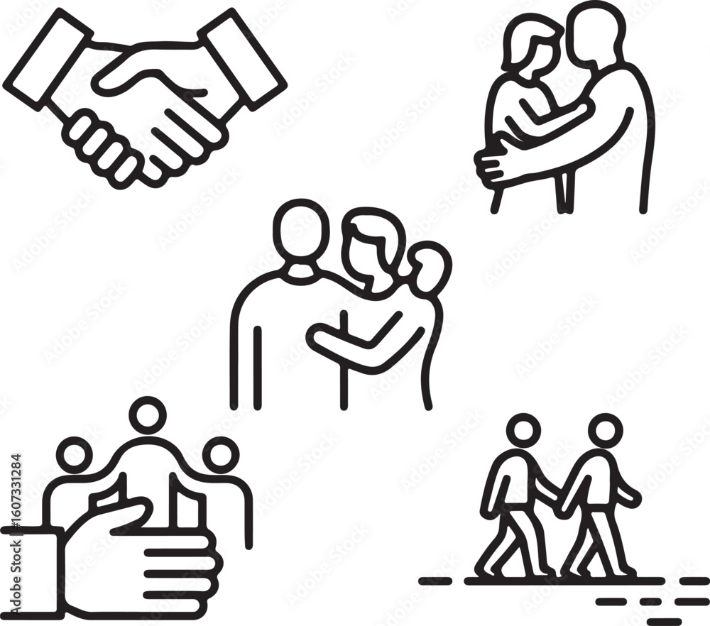 Poster collection of line art icons depicting human connection including handshake hug support teamwork and