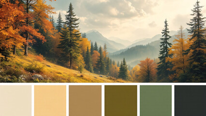 Majestic Autumn Landscape: Vibrant forest with mountains in the background