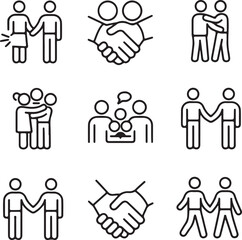 Set of black and white line art icons representing various forms of human interaction including handshakes hugs agreements and teamwork isolated on a white background
