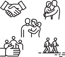 Collection of line art icons depicting human connection including handshake hug support teamwork and walking together symbolizing relationships collaboration and community in simple black and