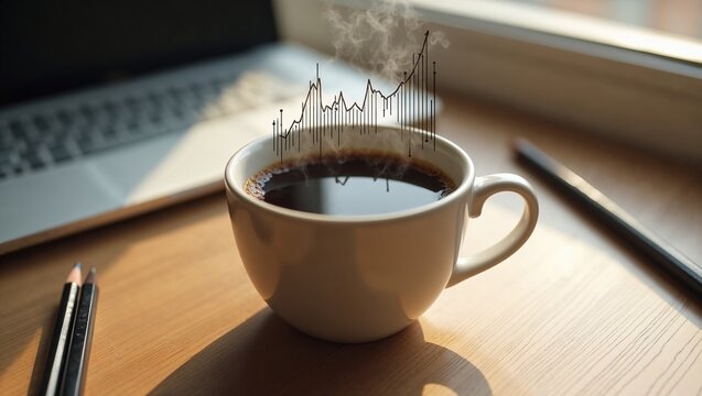  Cup of coffee with rising chart steam on office desk