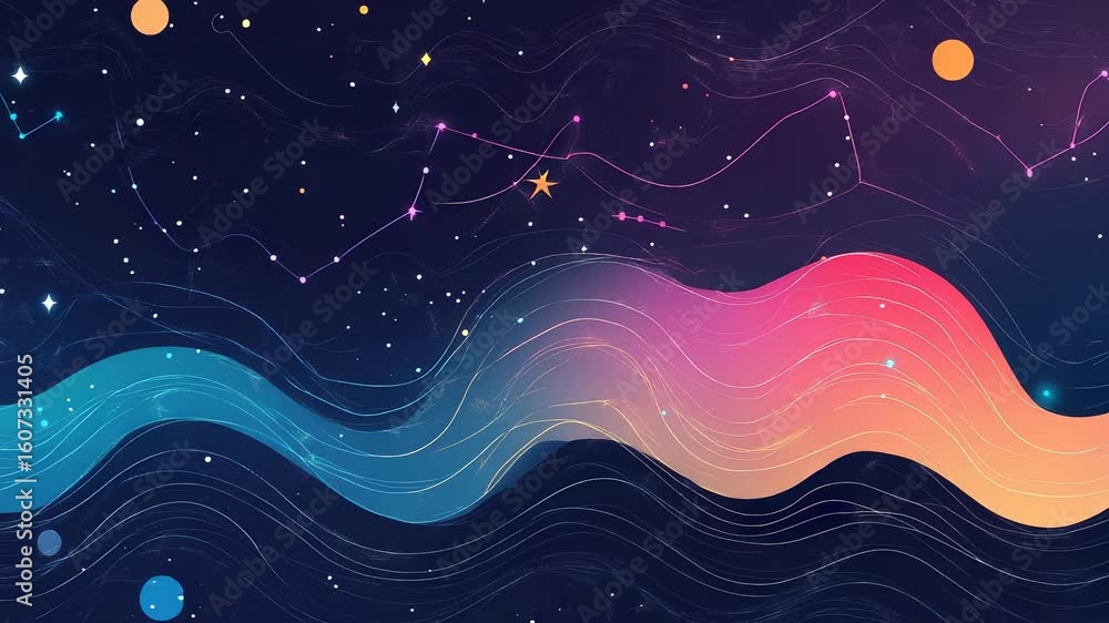 Poster cosmic flow: abstract galaxy visualization with colorful waves and star constellations