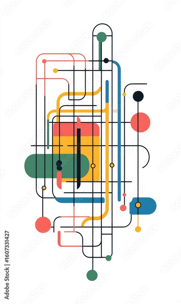 Poster abstract composition of interconnected lines and shapes in a variety of colors