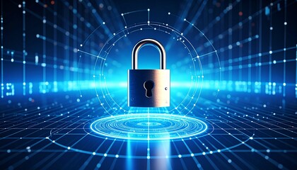 Cybersecurity concept with a floating metallic padlock at the center of a glowing blue digital network, representing data protection and information security.