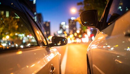 Evening city street view from inside a car
