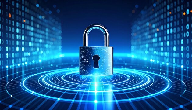 Cybersecurity concept featuring a floating metallic padlock in an abstract digital environment with concentric light and binary data.