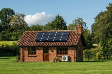 Small brick cottage with solar panels on a sunny day