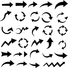 A collection of black arrow illustrations in various shapes and styles, including straight, curved, circular, and zigzag designs, pointing in different directions.