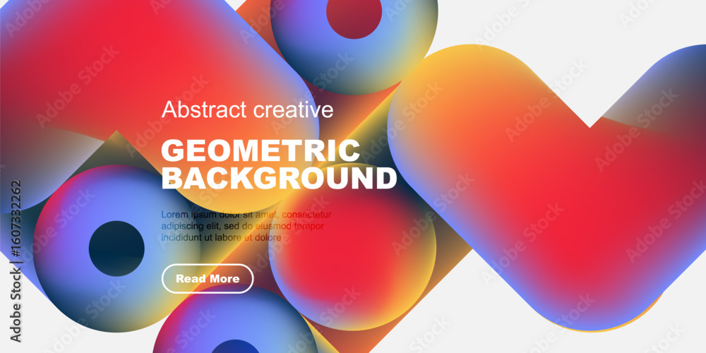 Poster vibrant abstract shapes overlap black background. text promotes geometric design, includes call to a