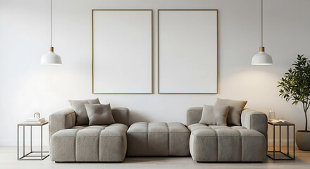 Modern living room with plush textured armchairs ottoman and blank framed art on a white wall