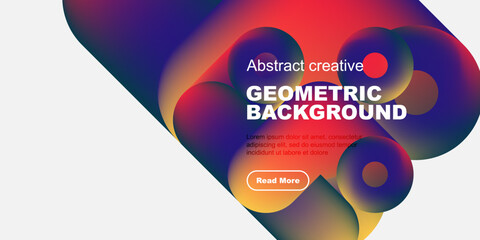 Vibrant abstract shapes form fluid background. Text overlay promotes geometric design, includes call to action button.