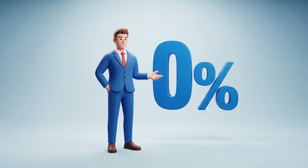 3d businessman in a blue suit stands confidently with one hand outstretched, presenting a large blue 0 percent symbol against a light blue background.
