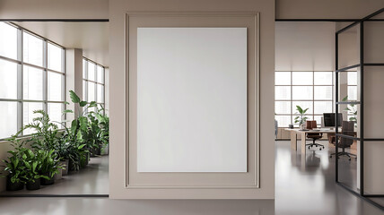 Fototapeta premium Modern office interior with large windows and a blank vertical poster frame for advertising or design