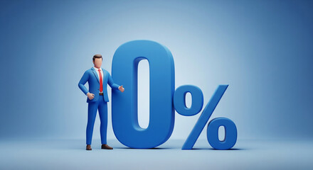 A 3d businessman stands confidently with one hand outstretched, presenting a large blue 0 percent symbol against a light blue background.