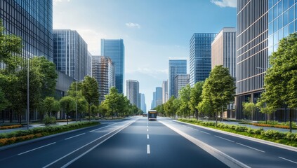 Urban avenue with high-rise buildings and greenery.  A paved road stretches through a city center, lined with modern skyscrapers and lush trees.