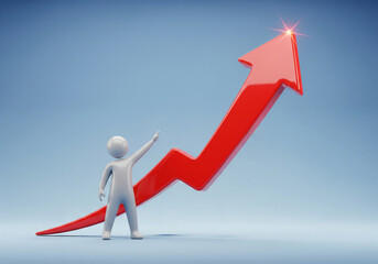 A 3D character figure stands next to a large upward pointing red arrow against a light blue background. The has one arm raised, indicating growth or progress.