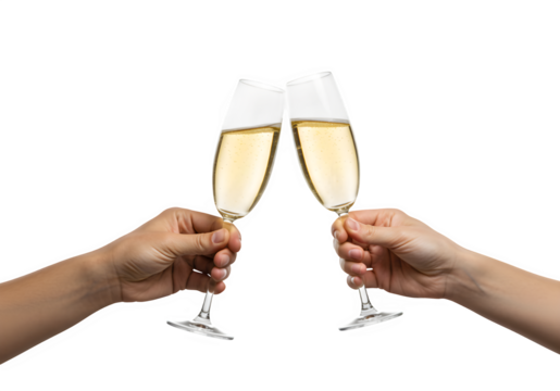 Two Hands Holding and Celebration Toast with Champagne Glasses, Isolated on White or Transparent Background
